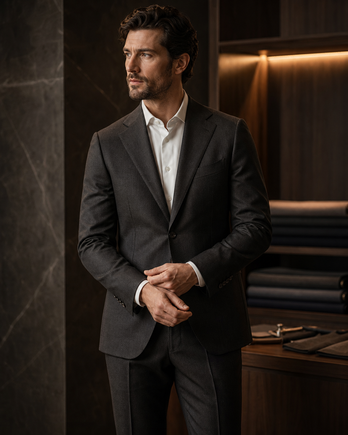 Charcoal travel suit campaign portrait in a dark atelier