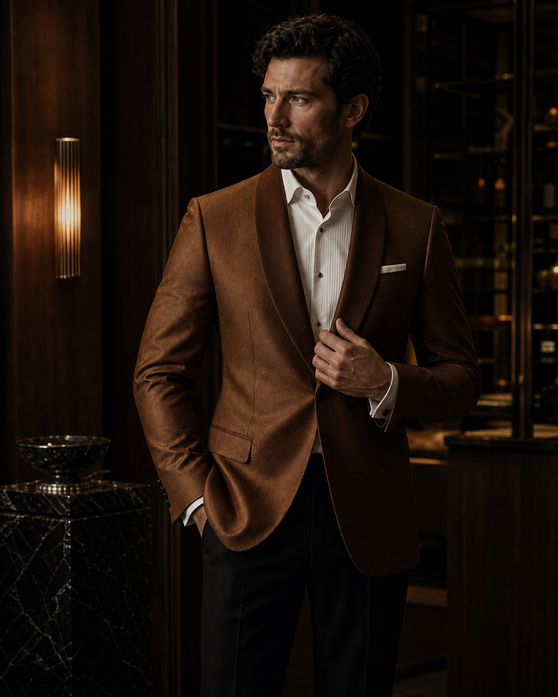 Burnished amber dinner jacket campaign portrait