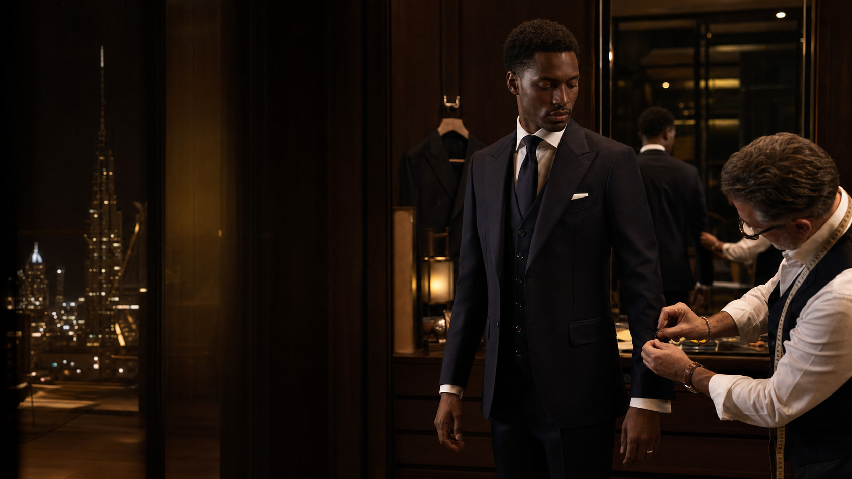 Midnight suit fitting in a dark Dubai atelier campaign scene