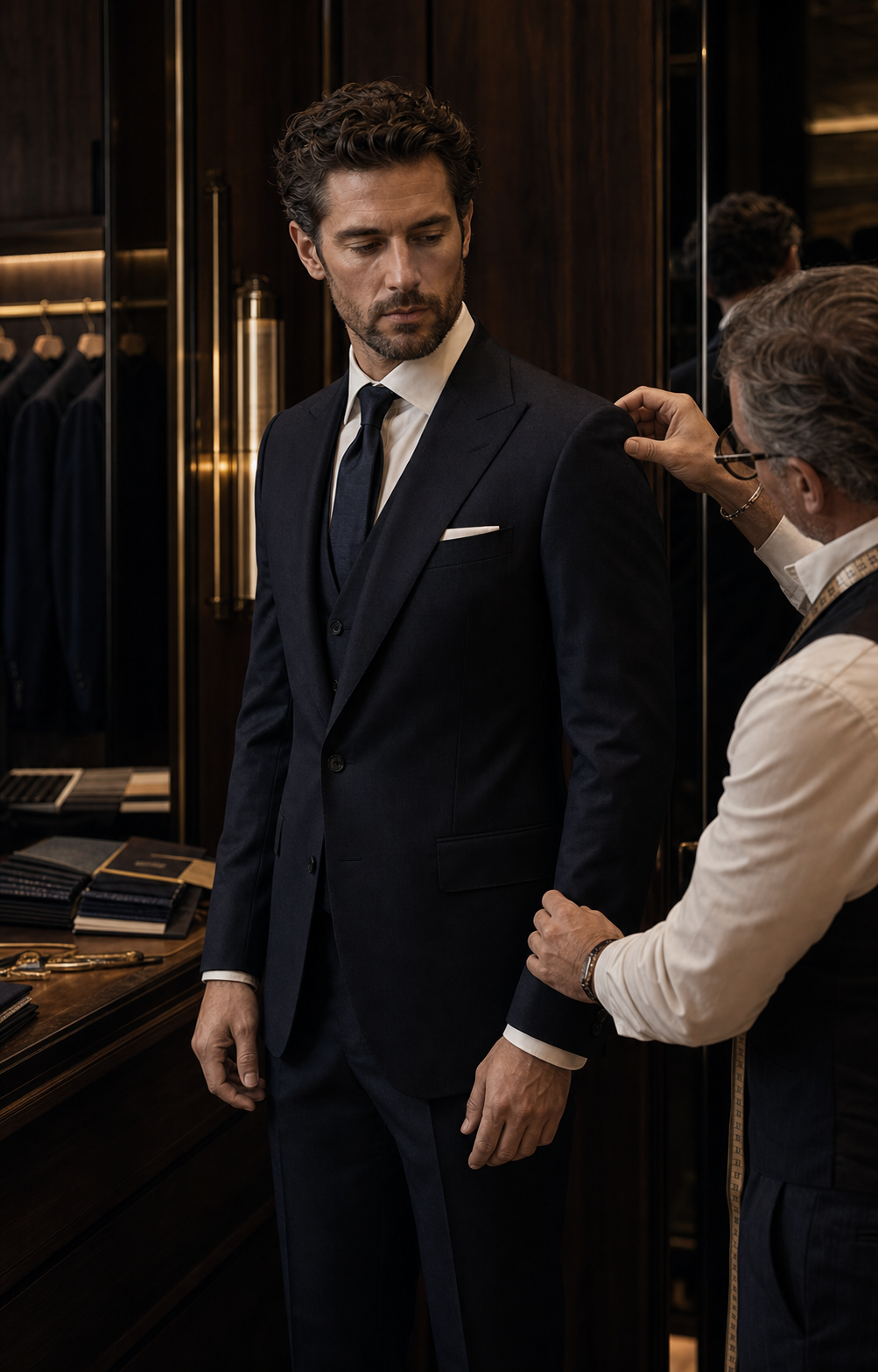 Deep navy bespoke suit shoulder fitting campaign portrait