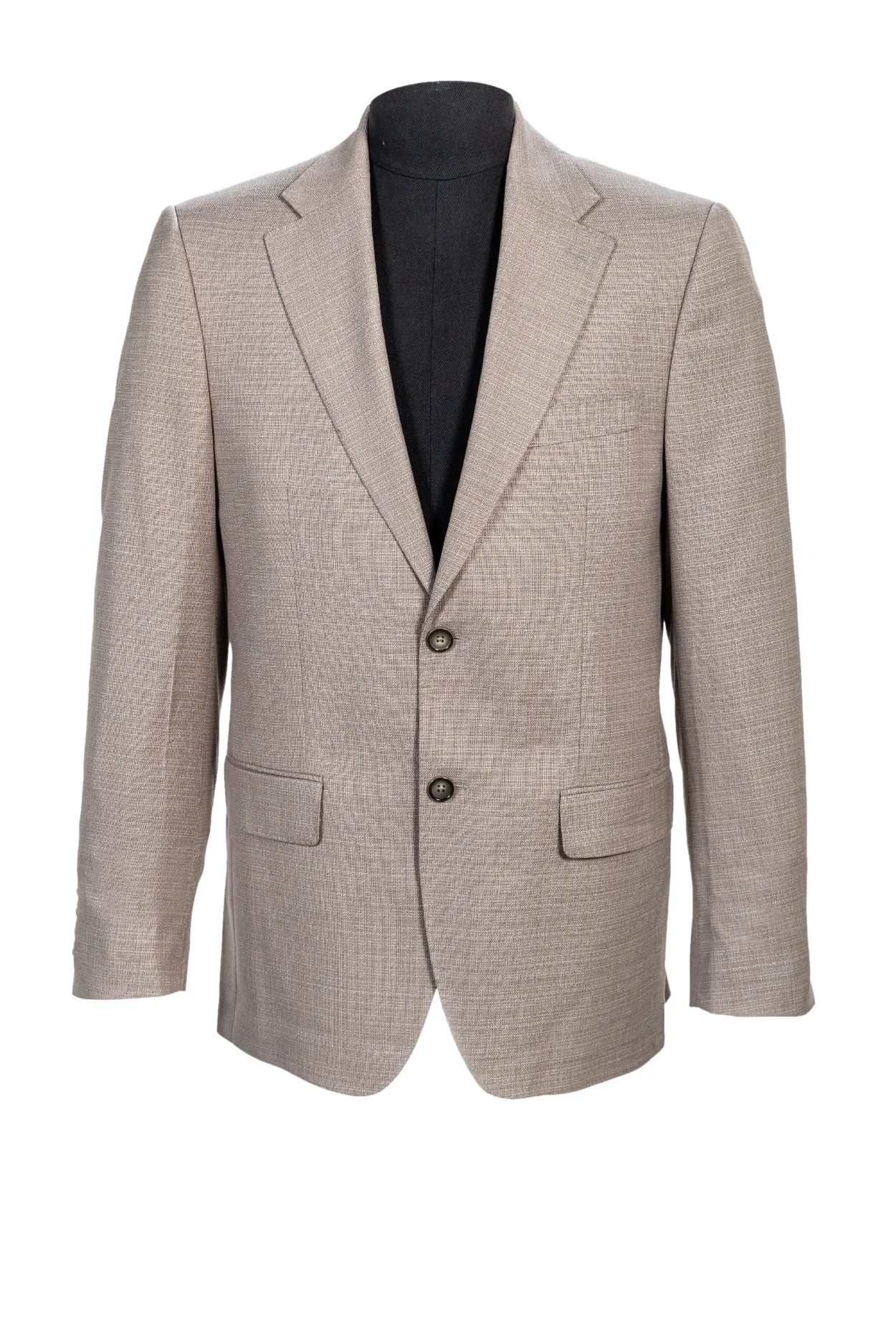 Stone linen suit in warm atelier light
